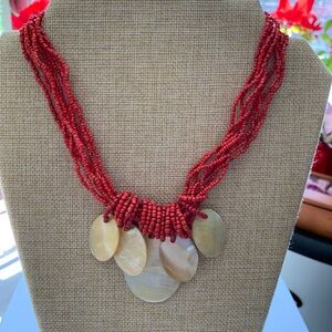 Red Multi-Strand Necklace with Shell Pendants